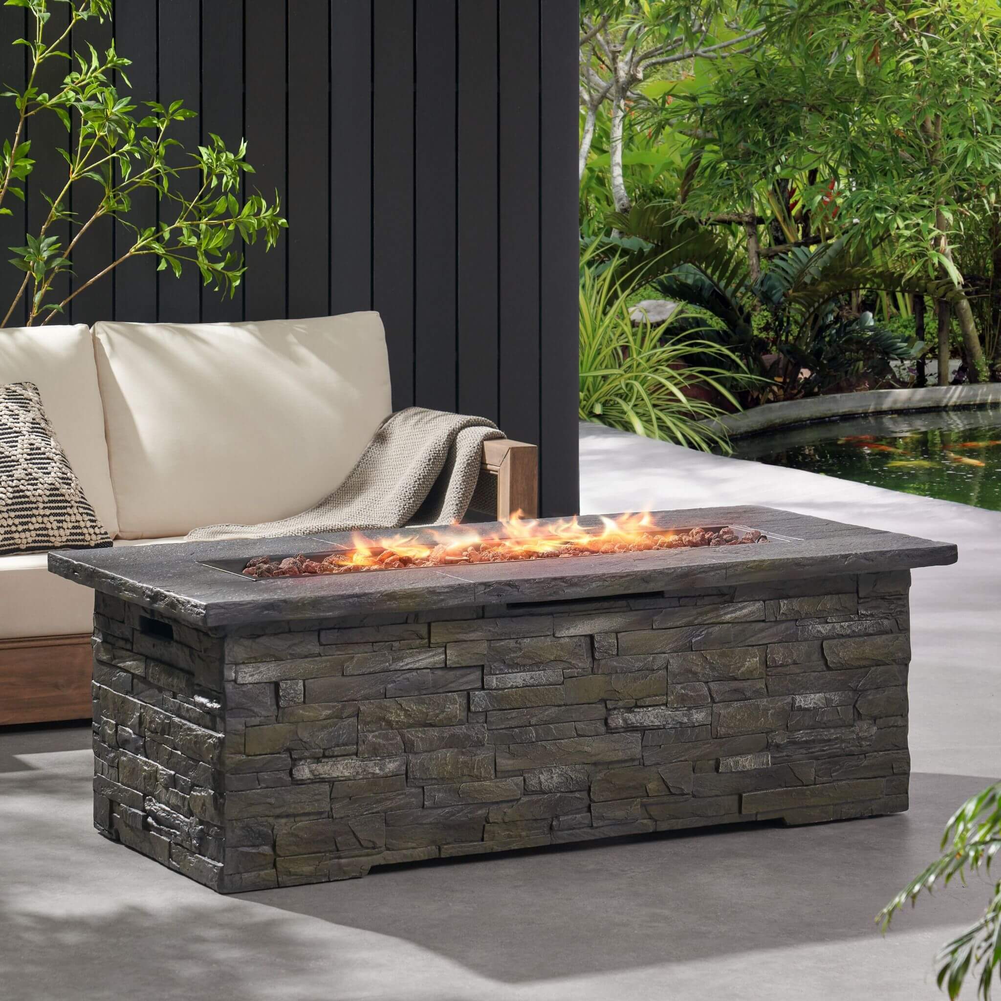 Alora Premium 56" Outdoor Rectangular Concrete Propane Fire Pit W/ Faux Stone Pattern, 50K BTU (SAK31845) - Image 7