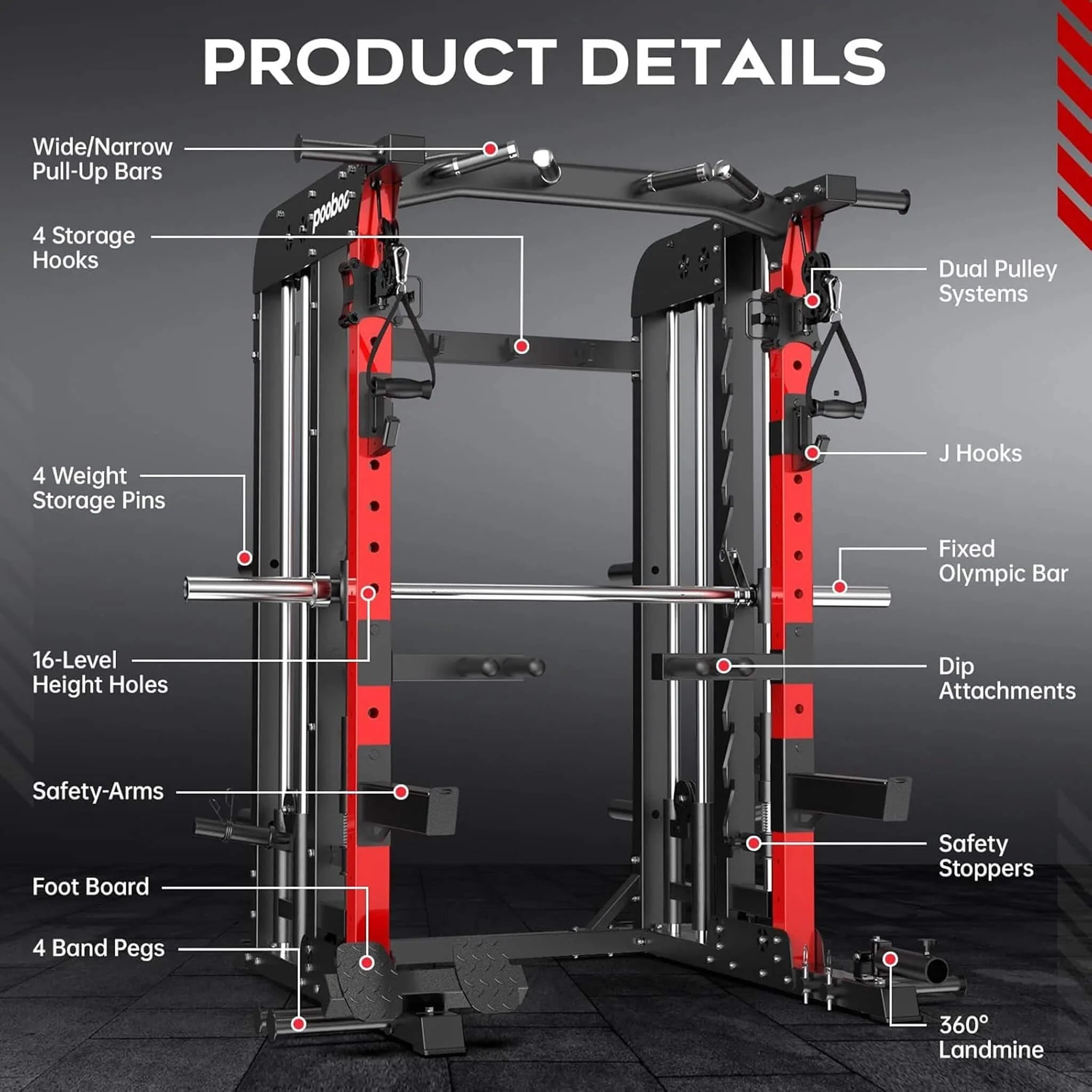 Rovix Premium All-In-One Squat Rack Power Cage With Smith Machine, 2000LBS (SAK59213) - Image 5