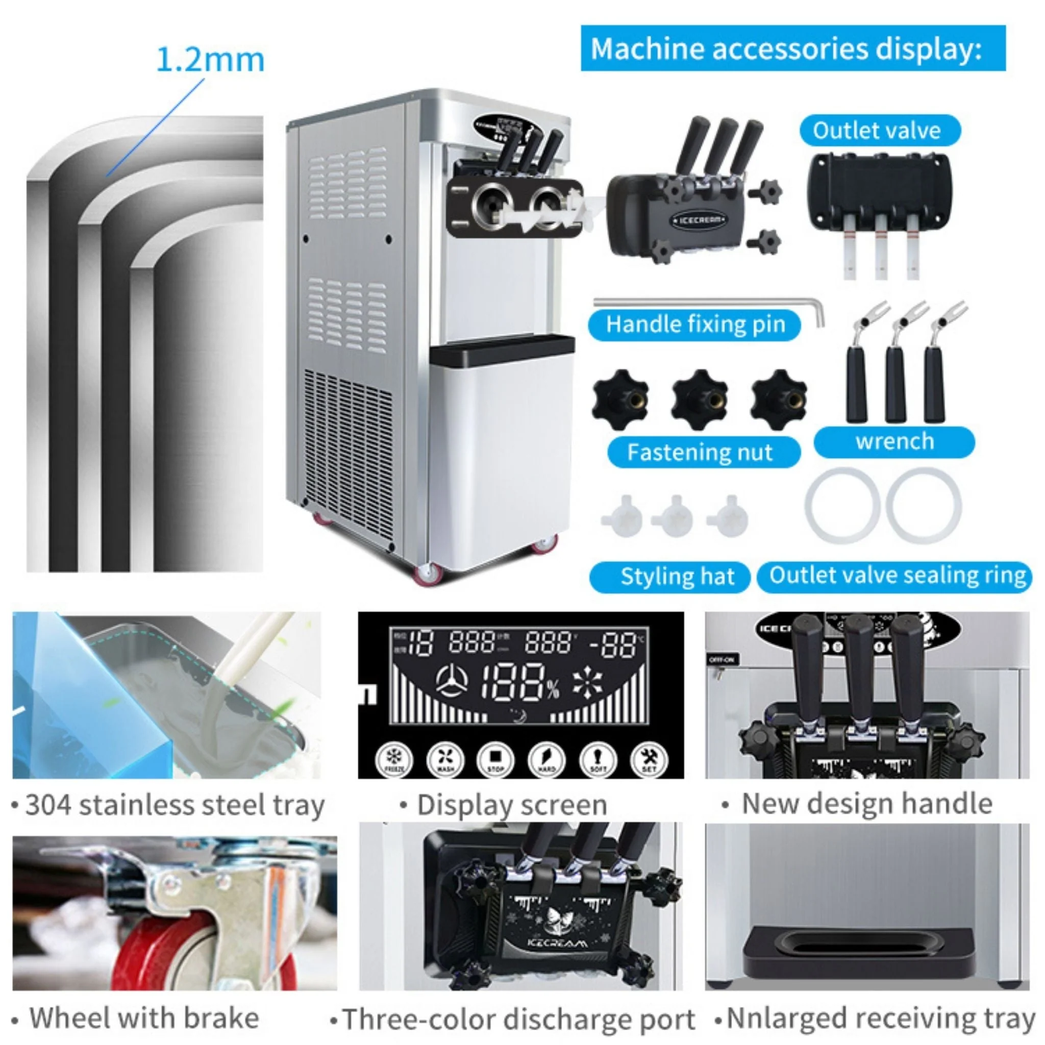 Premium Commercial Vertical 2000W 3-Flavor Soft Ice Cream Machine With Dual 6L Hoppers, 25-30L/H (SAK93406) - Image 7
