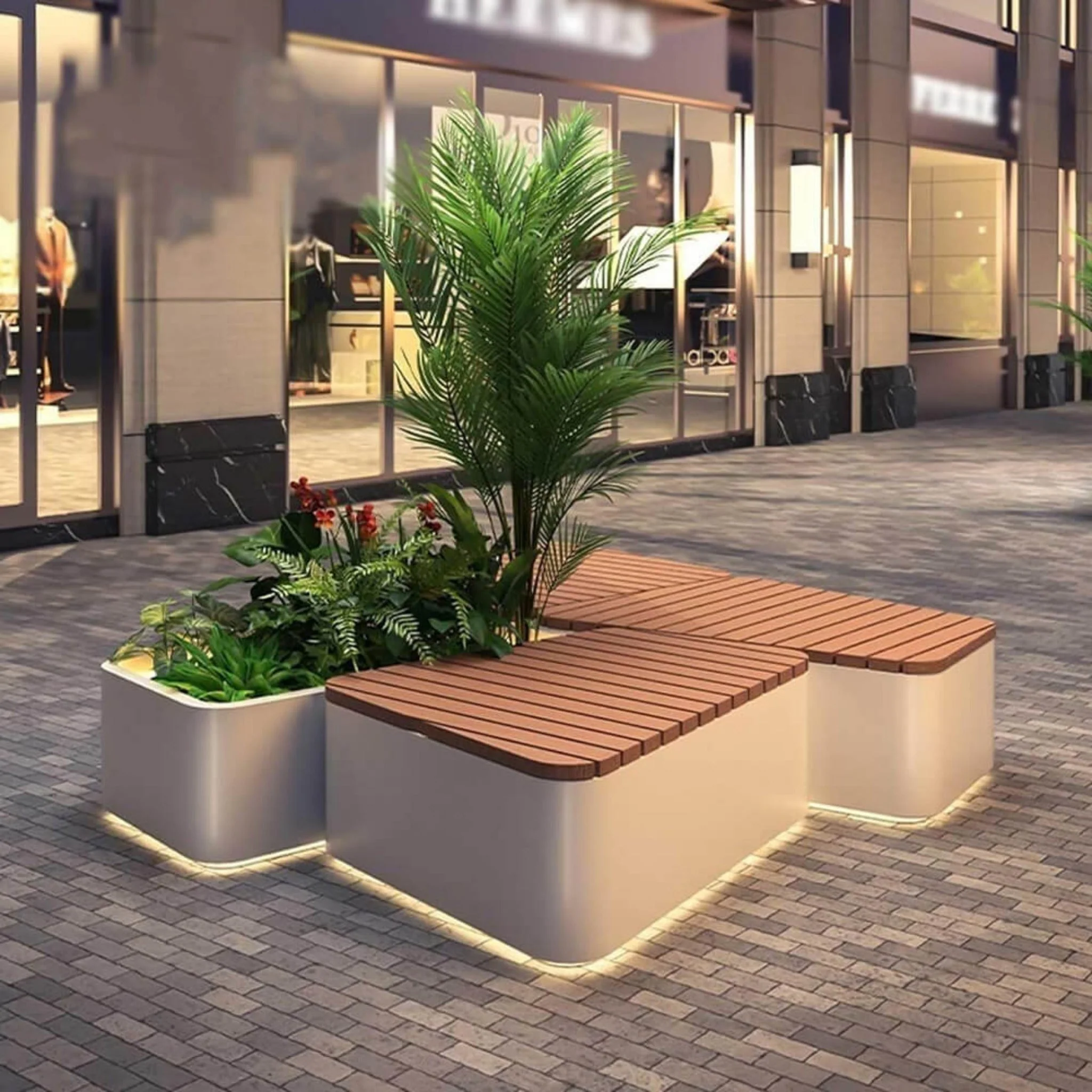 Premium Outdoor Commercial Wooden Street Bench With Steel Frame And Planters (SAK74612) - Image 3