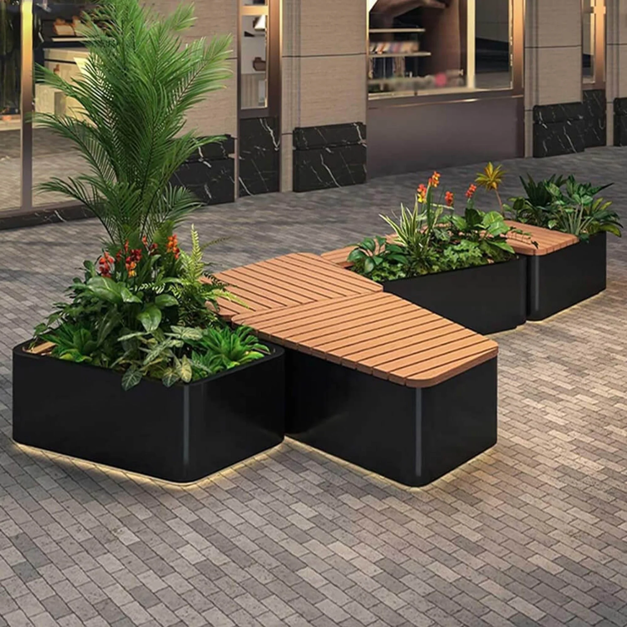 Premium Outdoor Commercial Wooden Street Bench With Steel Frame And Planters (SAK74612) - Image 4