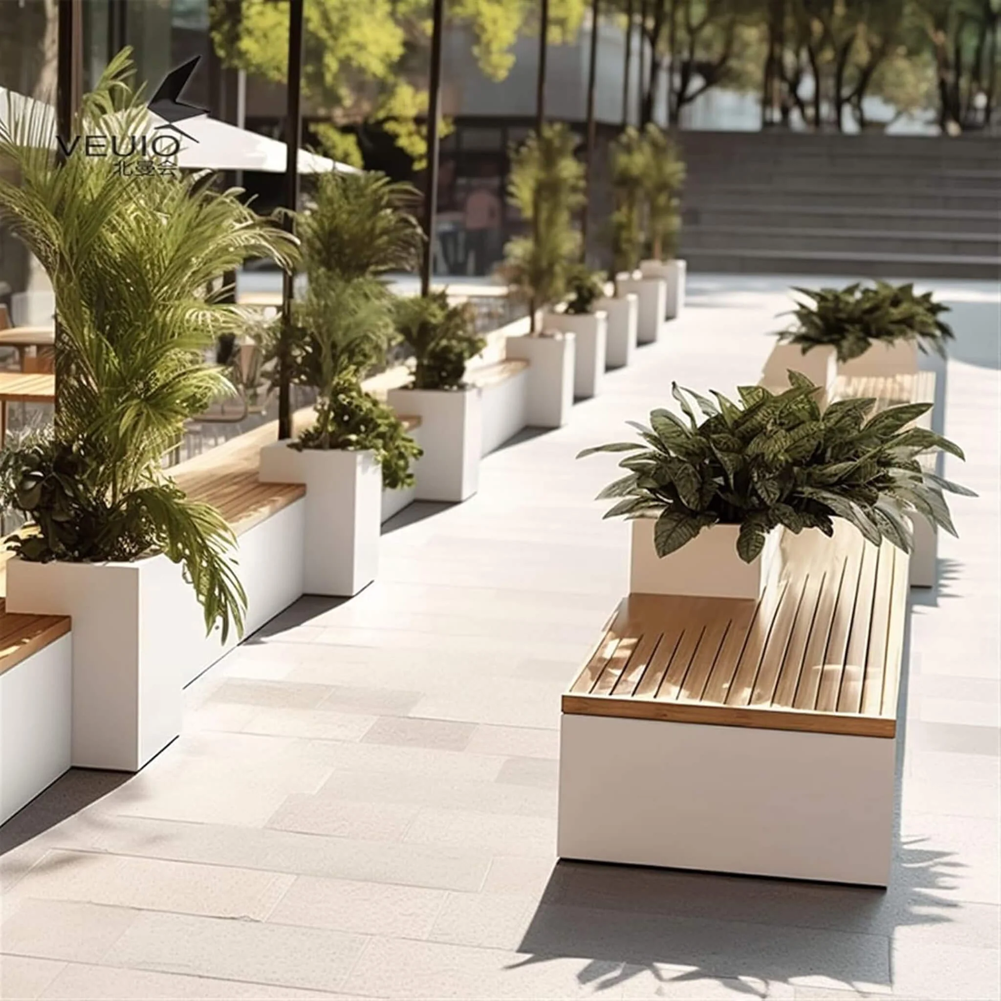 Premium Outdoor Industrial Metal Garden Bench With Wooden Seat And Planter [Made To Order] (SAK83951) - Image 4