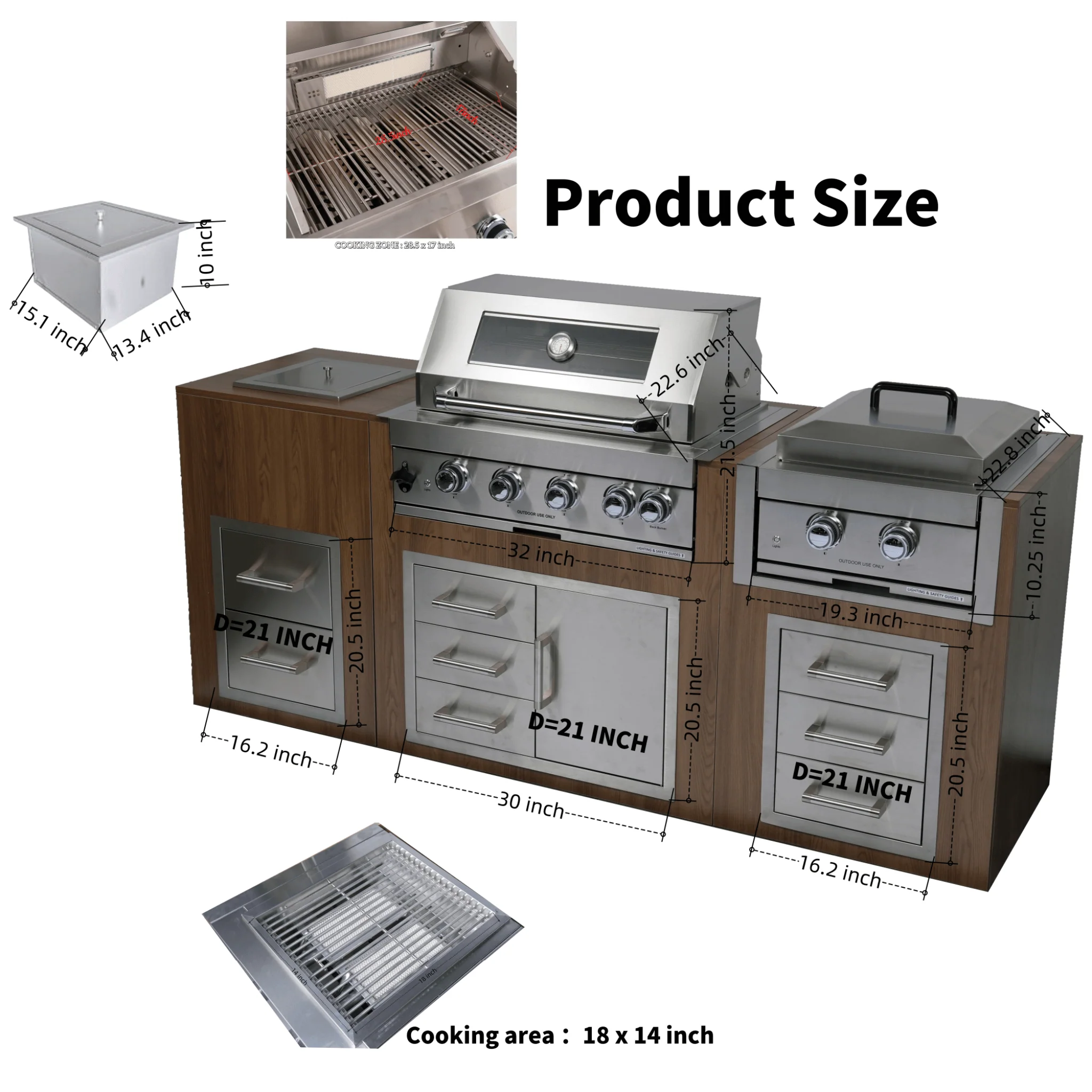 Premium Outdoor Kitchen With 32-Inch 60K BTU Built-In Stainless Steel LPG Gas Grill, Door And Drawer Combo And Stainless Steel Ice Box (SAK98661) - Image 8