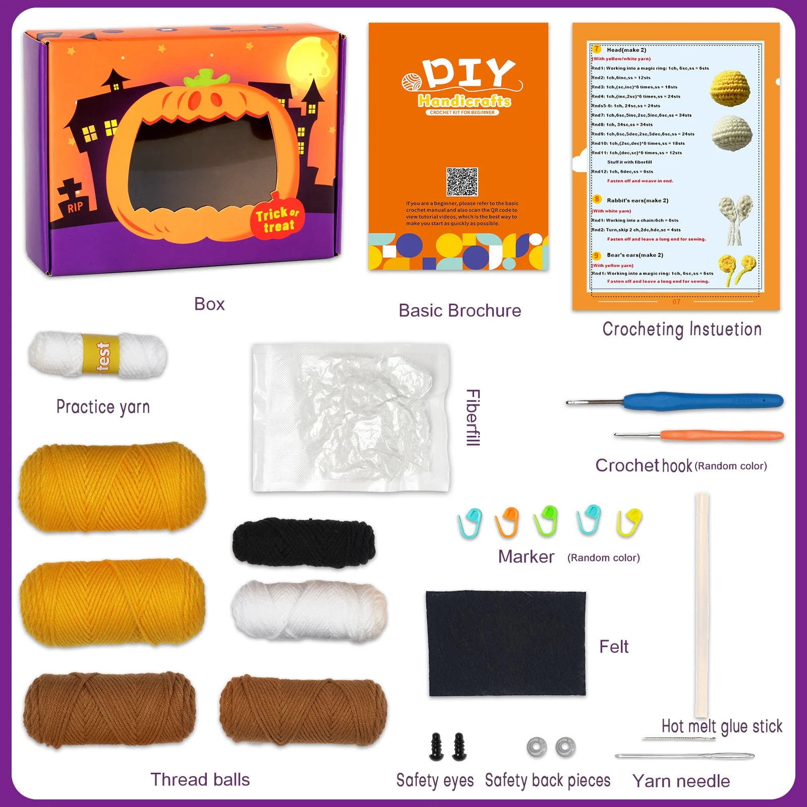 Pumpkin with Little Ghost. Halloween Amigurumi DIY Crochet Kit Wizardi F07N8-M102 - Image 5