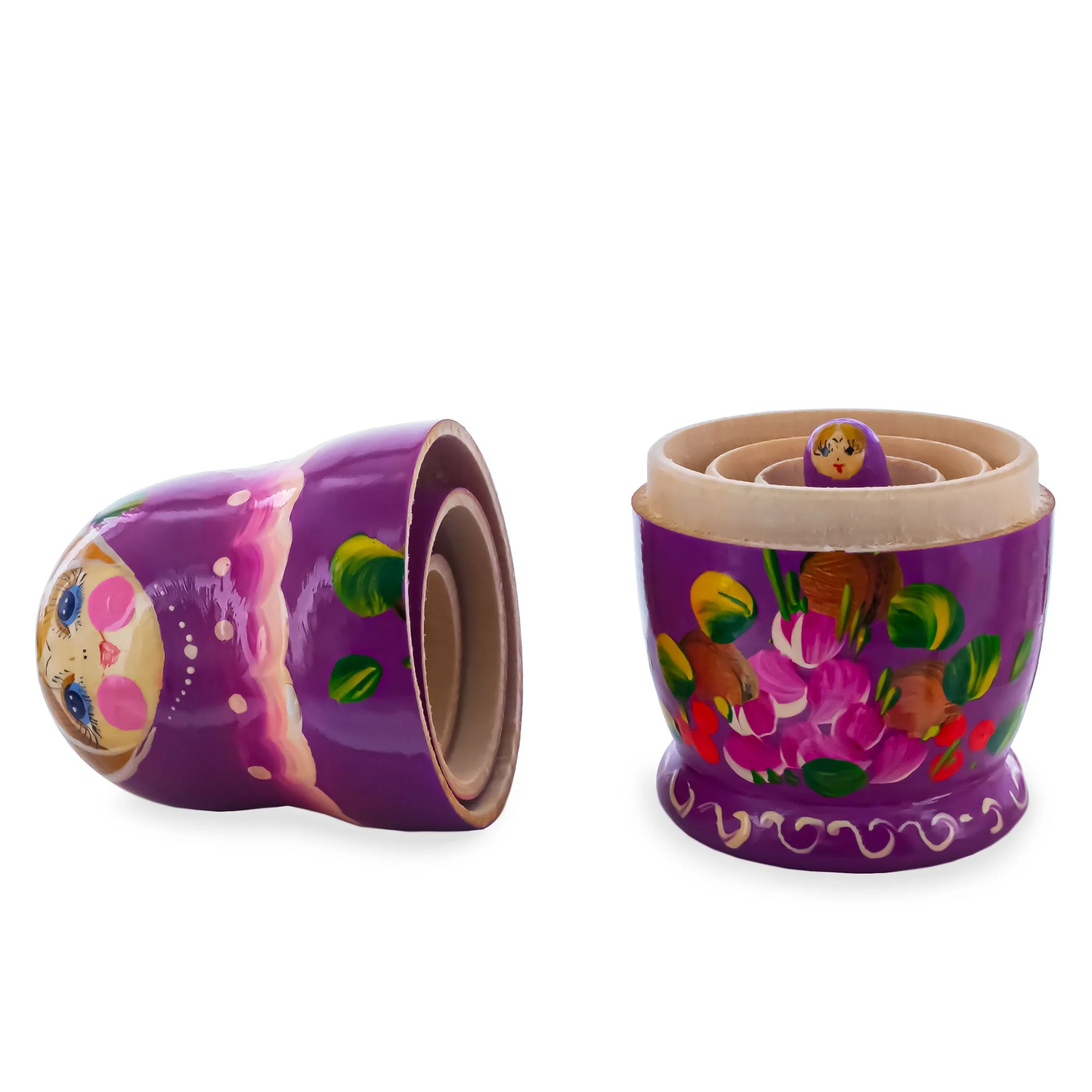 Purple Color with Pink Flowers Wooden  Nesting Dolls - Image 3