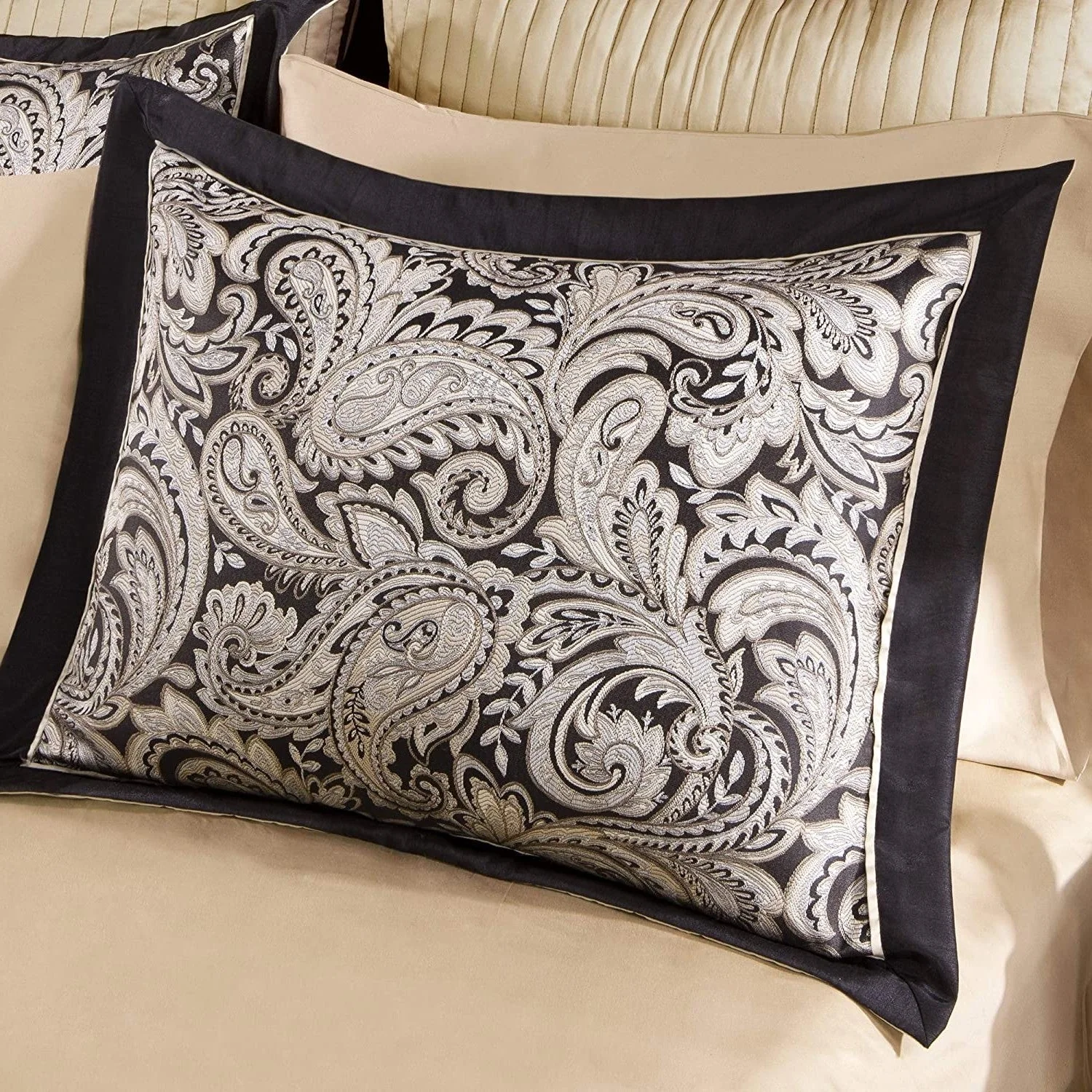 Queen 12 Piece Cotton Polyester Comforter Set Black Gold Paisley - Image 3