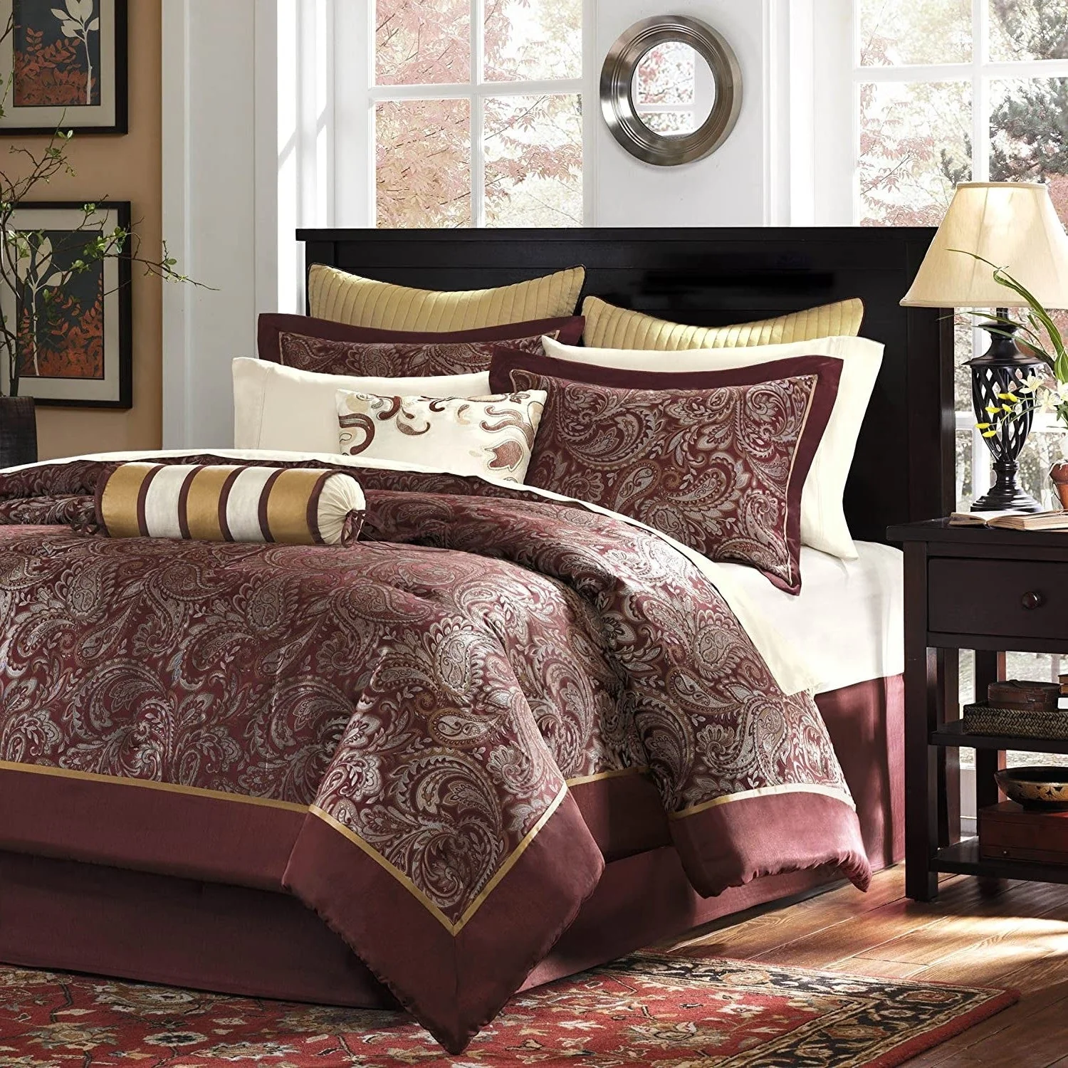 Queen 12 Piece Cotton Polyester Comforter Set Red Gold Paisley - Image 2