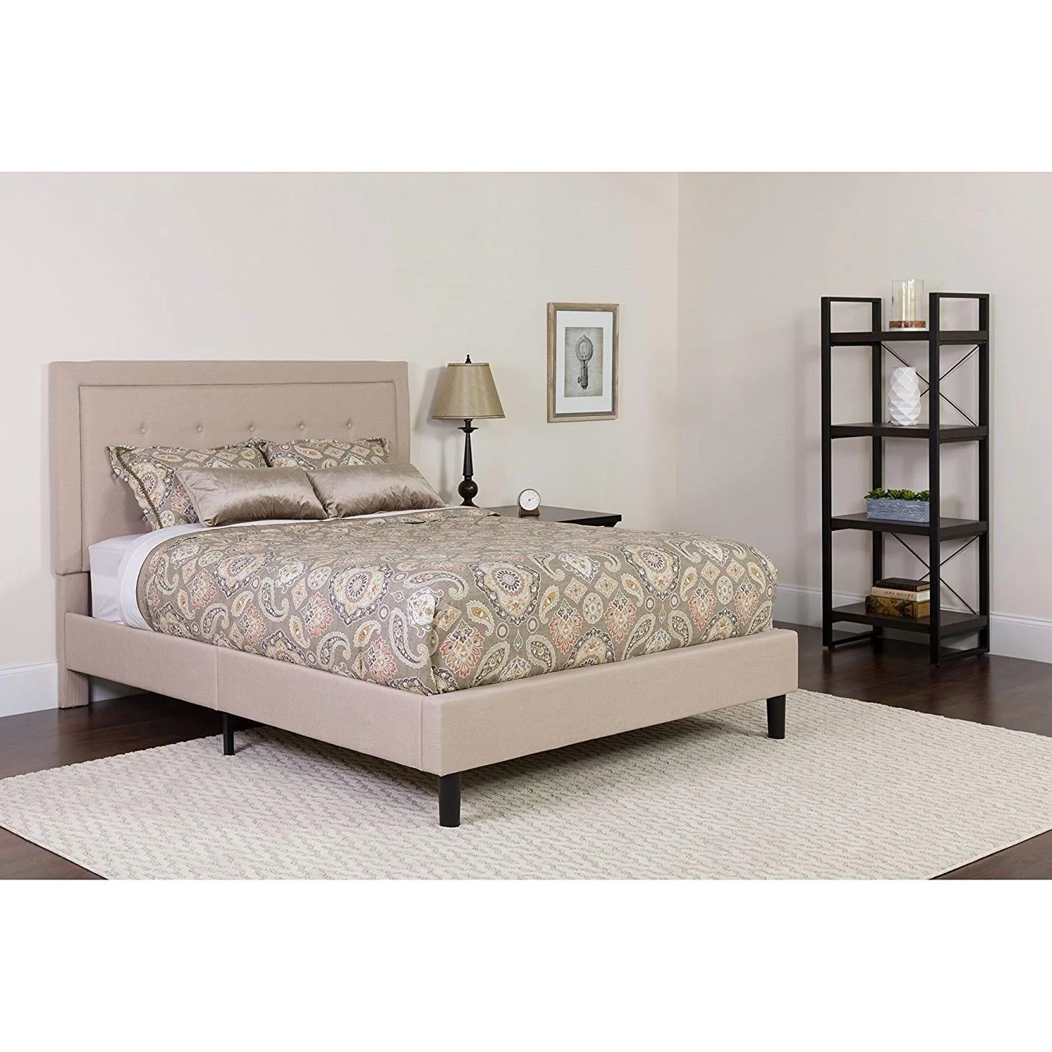 Queen Beige Upholstered Platform Bed Frame with Button Tufted Headboard - Image 3