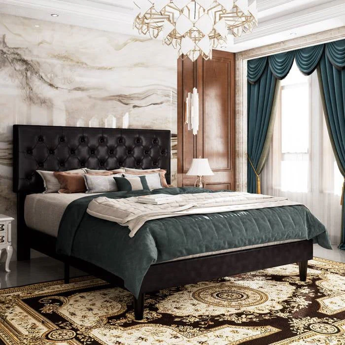 Queen Black Faux Leather Upholstered Platform Bed with Button-Tufted Headboard - Image 2