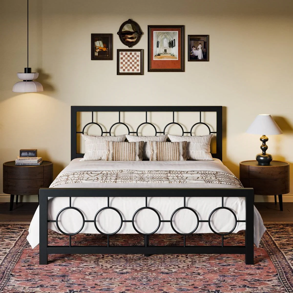 Queen Black Metal Platform Bed Frame with Circle Medallion Headboard Footboard - Image 2