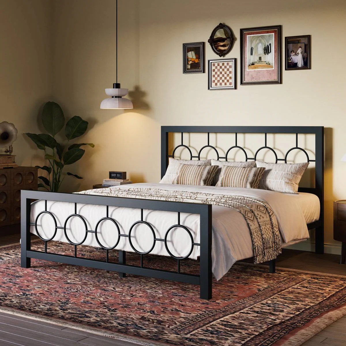Queen Black Metal Platform Bed Frame with Circle Medallion Headboard Footboard - Image 3