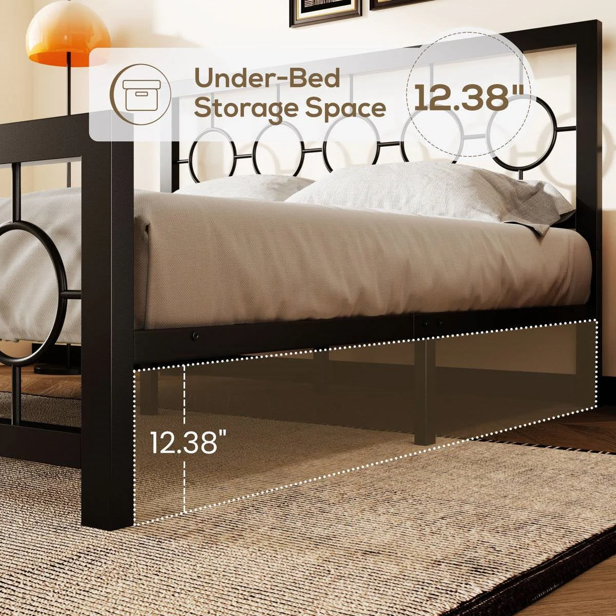Queen Black Metal Platform Bed Frame with Circle Medallion Headboard Footboard - Image 4
