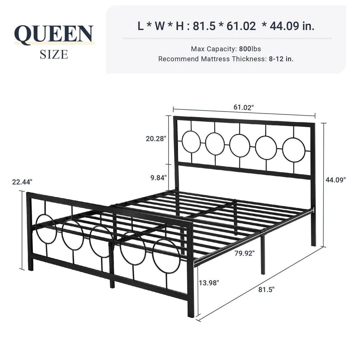 Queen Black Metal Platform Bed Frame with Circle Medallion Headboard Footboard - Image 5
