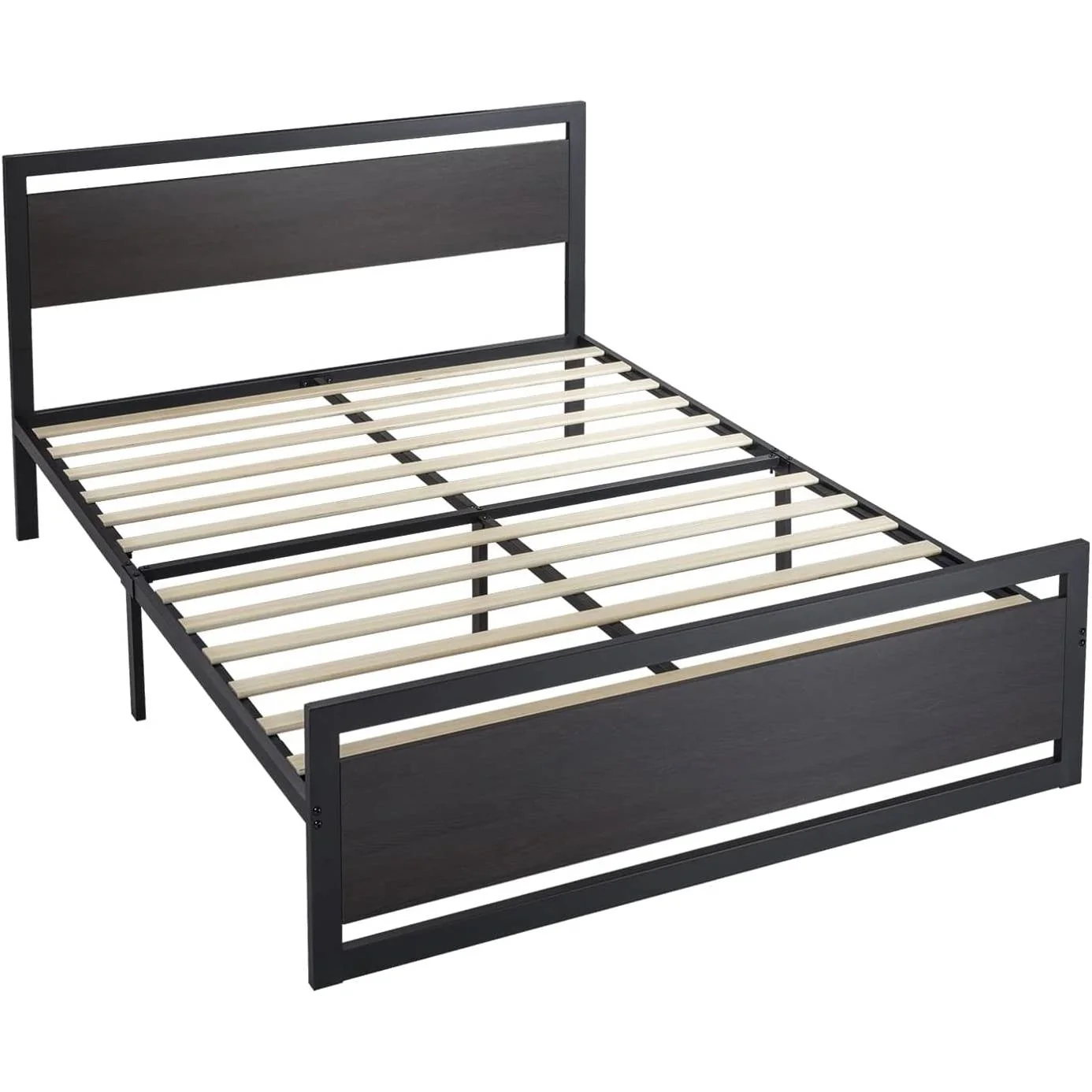 Queen Black Metal Platform Bed Frame with Wood Panel Headboard and Footboard - Image 2