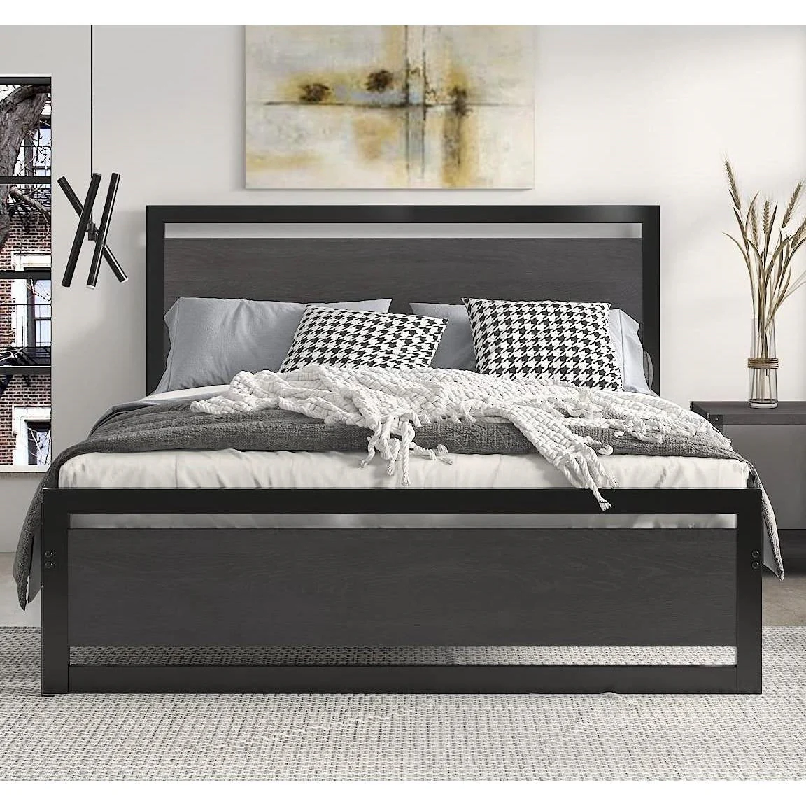 Queen Black Metal Platform Bed Frame with Wood Panel Headboard and Footboard - Image 3
