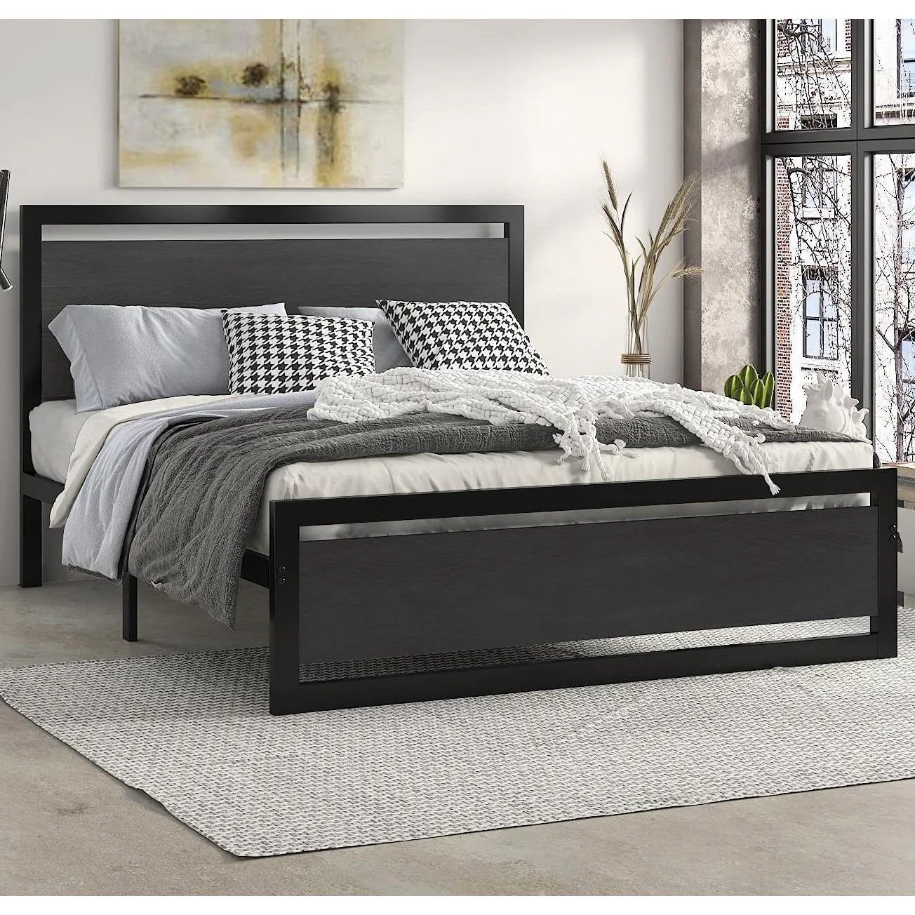 Queen Black Metal Platform Bed Frame with Wood Panel Headboard and Footboard - Image 4