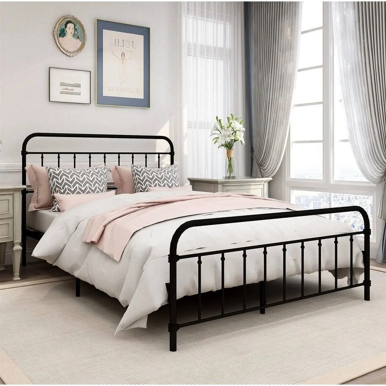 Queen Classic Farmhouse Black Metal Bed Frame with Rounded Headboard Footboard - Image 2