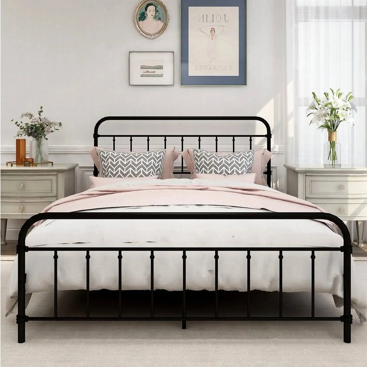 Queen Classic Farmhouse Black Metal Bed Frame with Rounded Headboard Footboard - Image 4