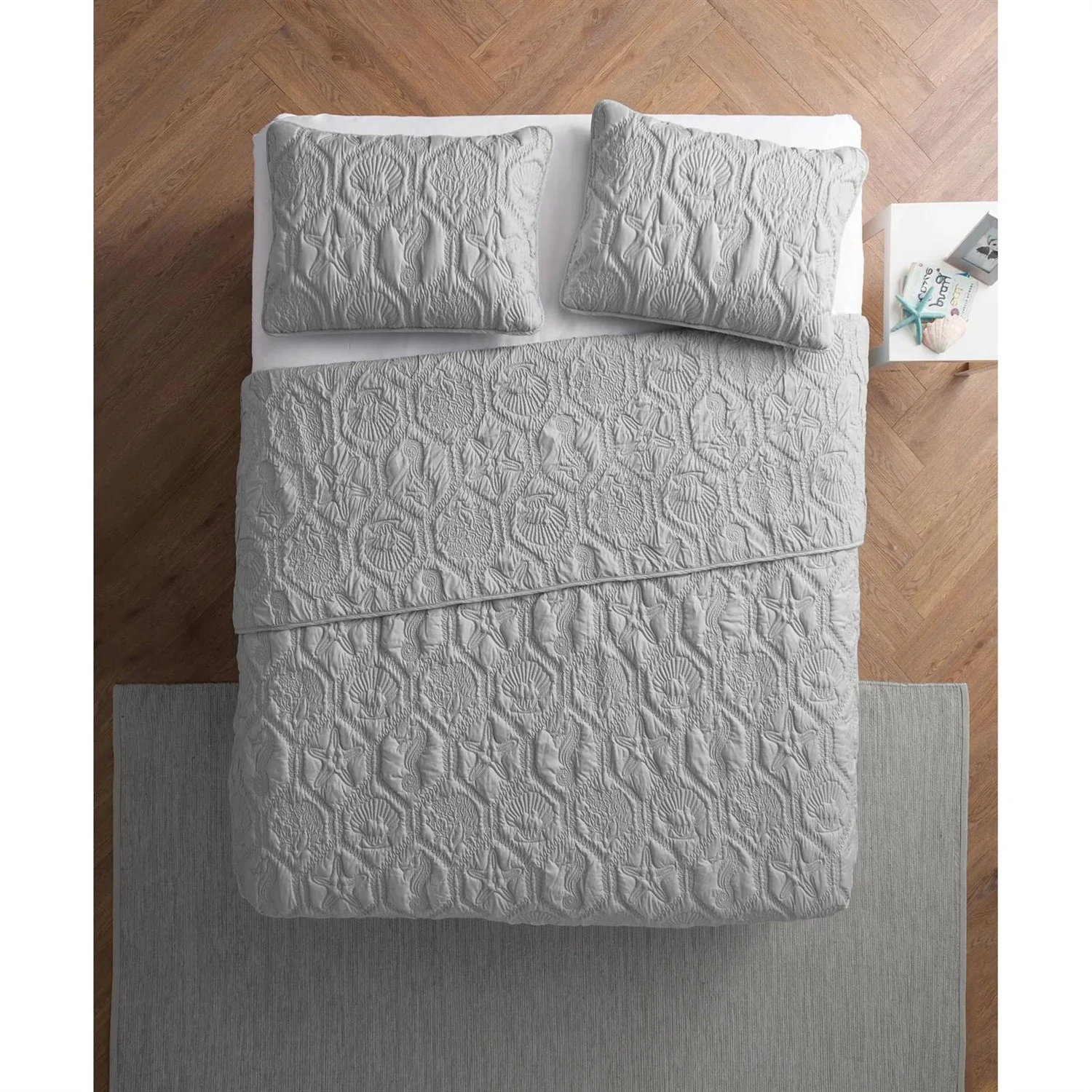 Queen Coastal Beach Embossed Starfish Seashell Seahorse Grey 3-Piece Quilt Set - Image 3