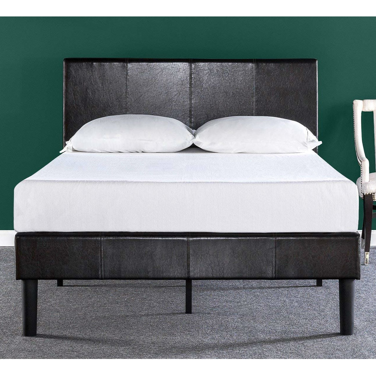 Queen Espresso Faux Leather Platform Bed Frame with Headboard - Image 3
