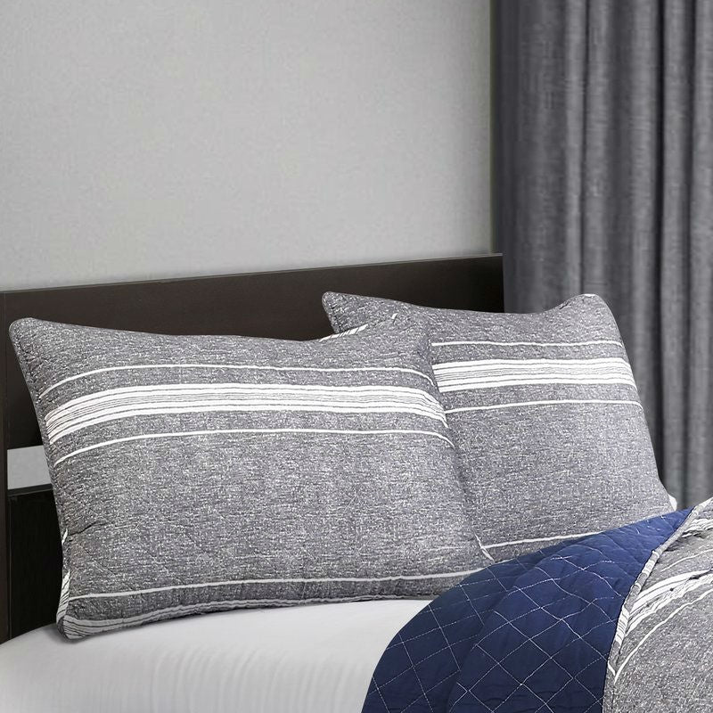 Queen Gray Navy Stripe Motif 100% Cotton Reversible Quilt Coverlet Bedspread Set - Image 2