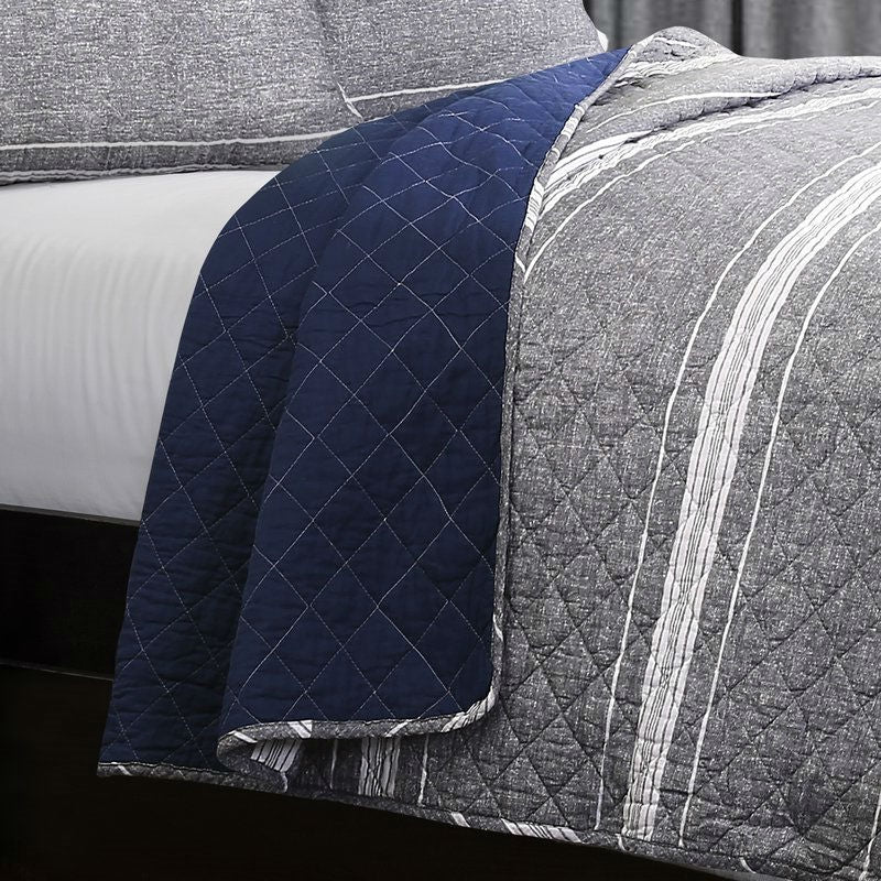 Queen Gray Navy Stripe Motif 100% Cotton Reversible Quilt Coverlet Bedspread Set - Image 3