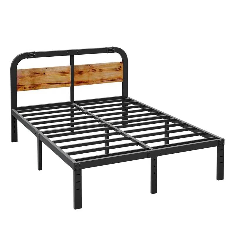 Queen Heavy Duty Black Metal Bed Frame with Solid Wood Panel Headboard - Image 3