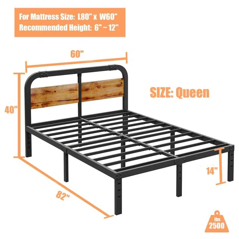 Queen Heavy Duty Black Metal Bed Frame with Solid Wood Panel Headboard - Image 5