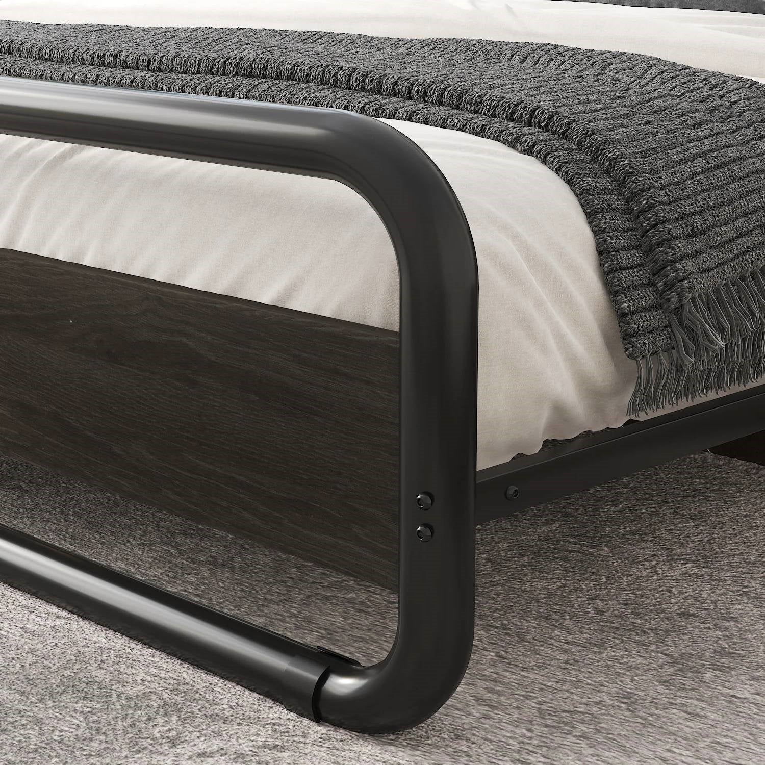 Queen Heavy Duty Round Metal Frame Platform Bed with Black Wood Panel Headboard - Image 3