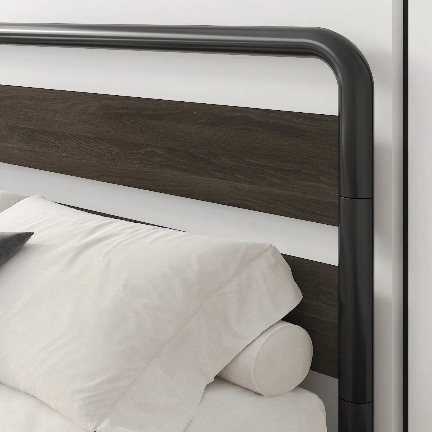 Queen Heavy Duty Round Metal Frame Platform Bed with Black Wood Panel Headboard - Image 4