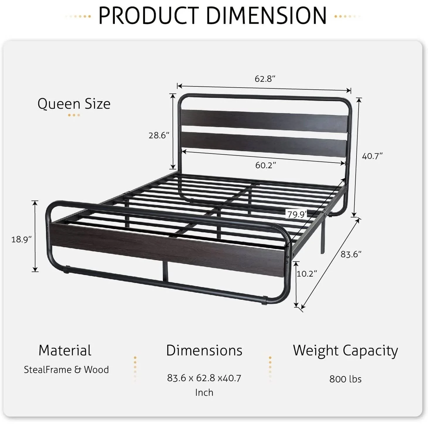 Queen Heavy Duty Round Metal Frame Platform Bed with Black Wood Panel Headboard - Image 5