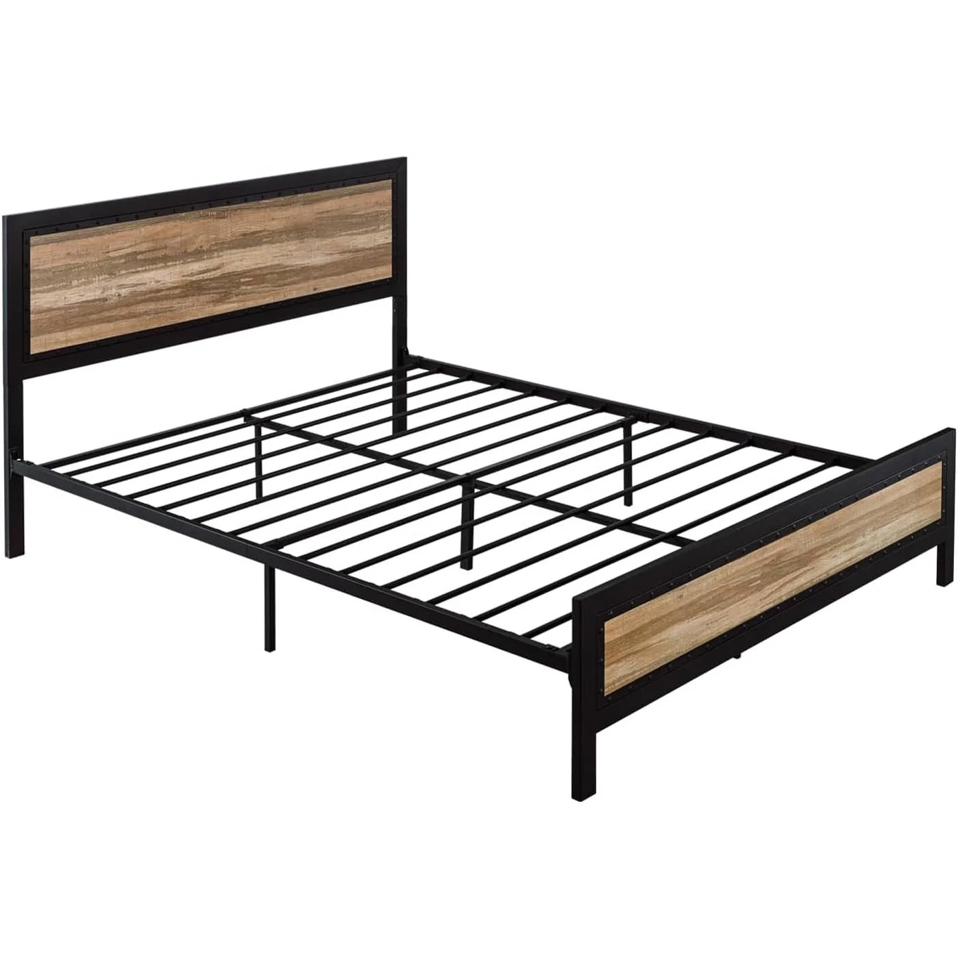 Queen Industrial Metal Wood Rivet Platform Bed Frame w/ Headboard and Footboard - Image 2