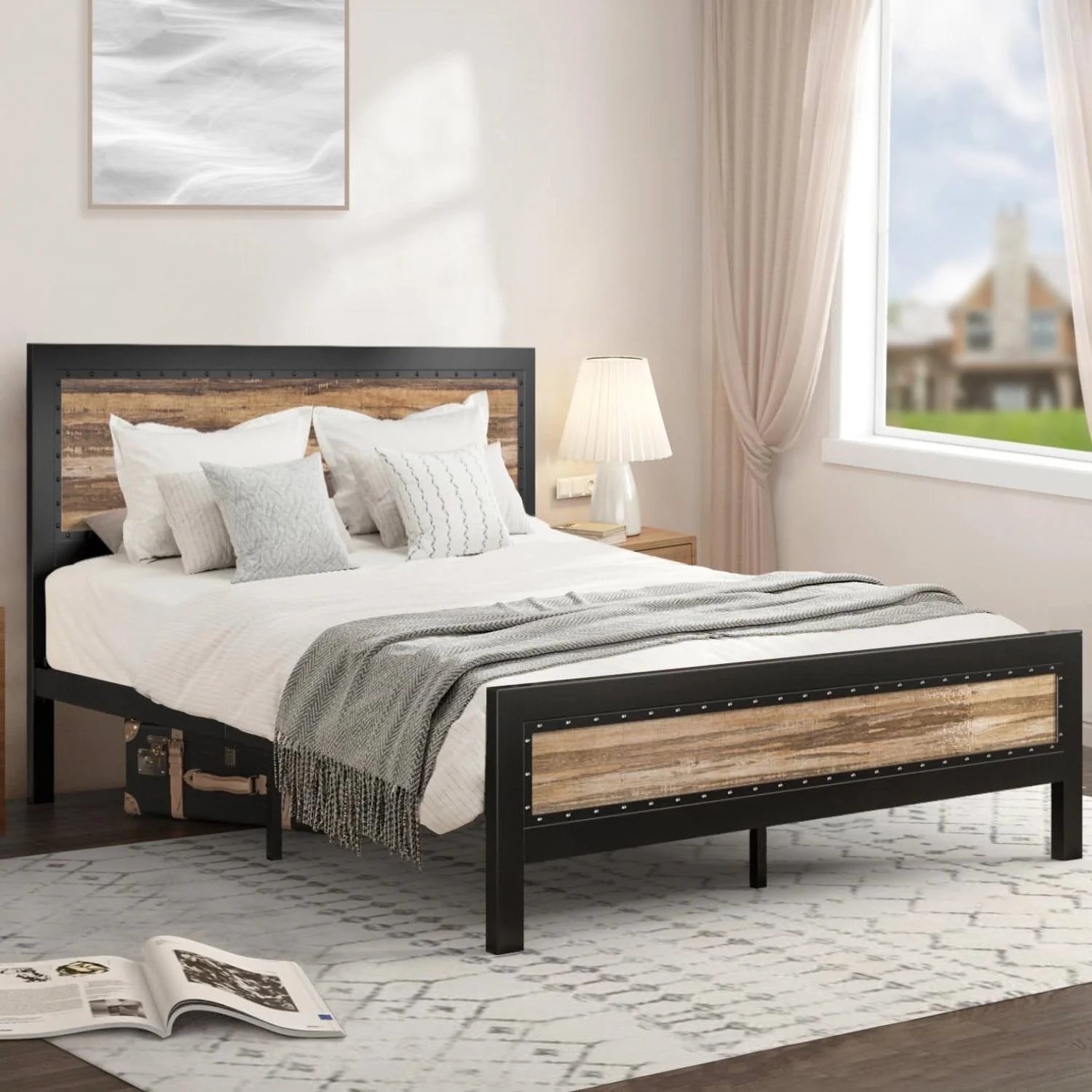 Queen Industrial Metal Wood Rivet Platform Bed Frame w/ Headboard and Footboard - Image 3