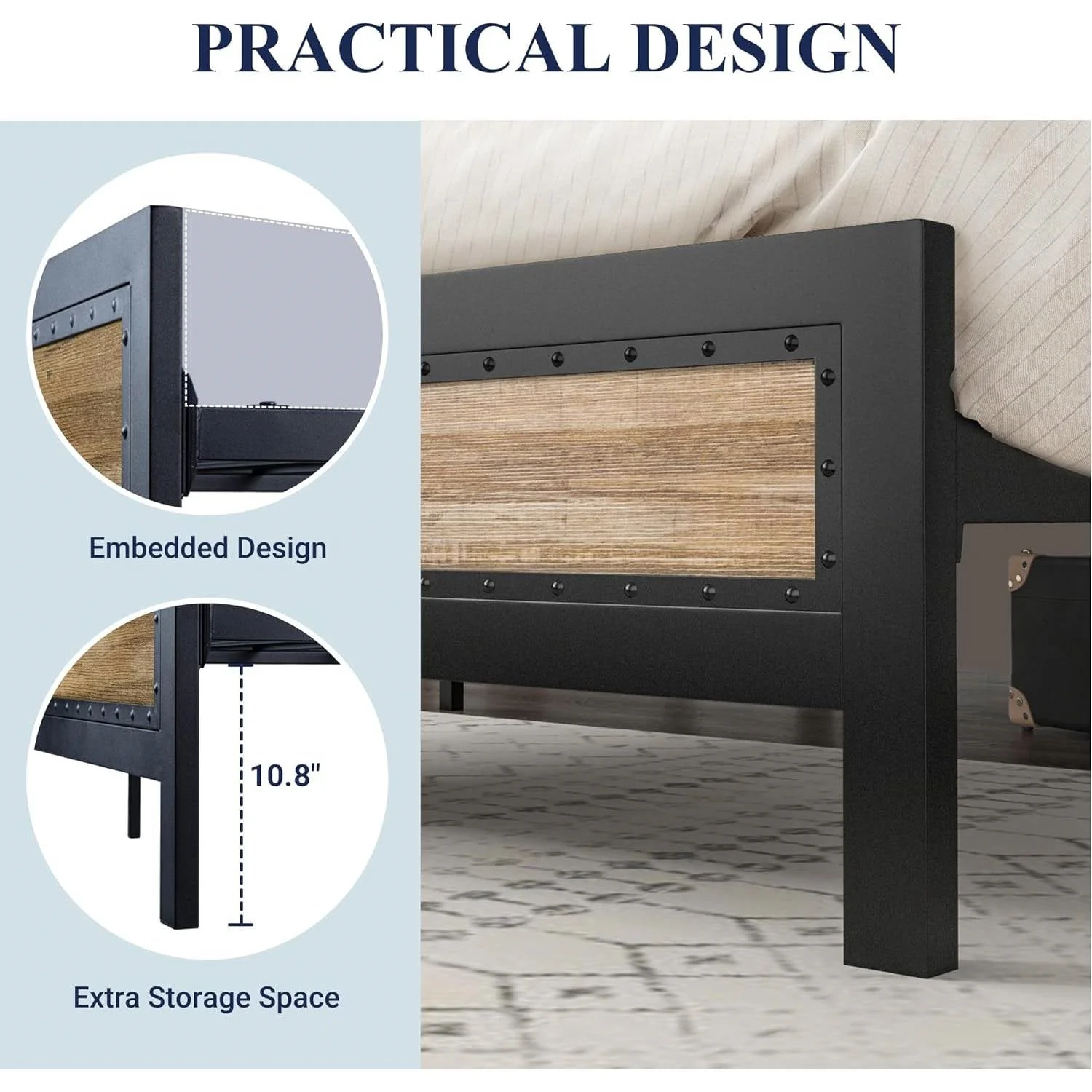 Queen Industrial Metal Wood Rivet Platform Bed Frame w/ Headboard and Footboard - Image 4