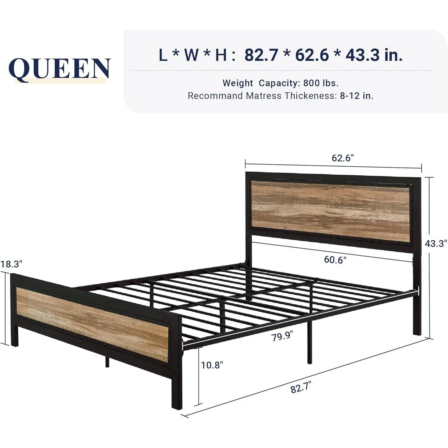 Queen Industrial Metal Wood Rivet Platform Bed Frame w/ Headboard and Footboard - Image 5