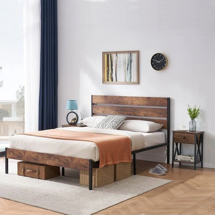 Queen Industrial Platform Bed Frame with Brown Wood Slatted Headboard Footboard - Image 2