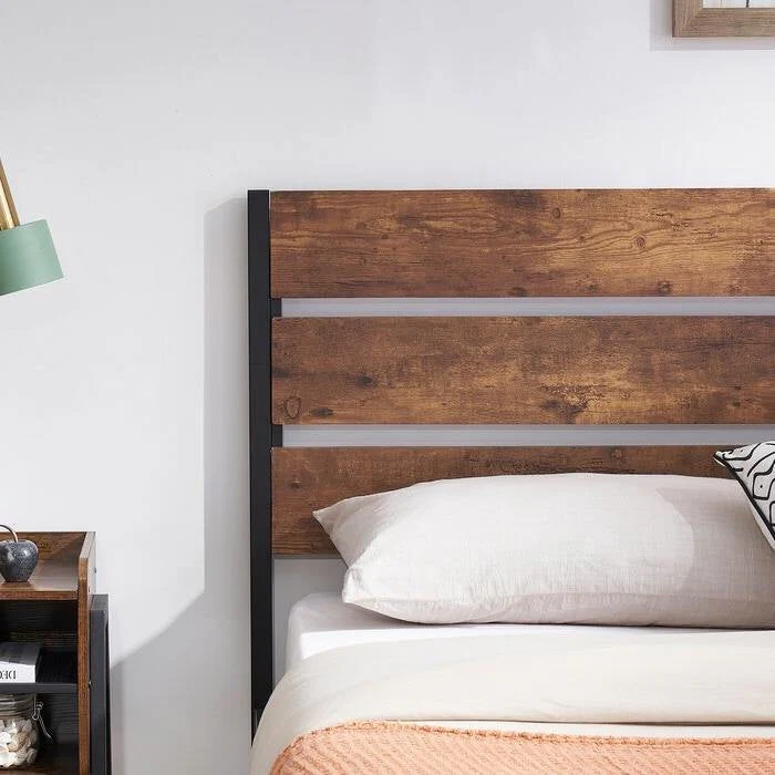 Queen Industrial Platform Bed Frame with Brown Wood Slatted Headboard Footboard - Image 3