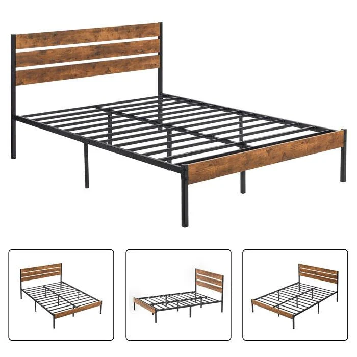 Queen Industrial Platform Bed Frame with Brown Wood Slatted Headboard Footboard - Image 4