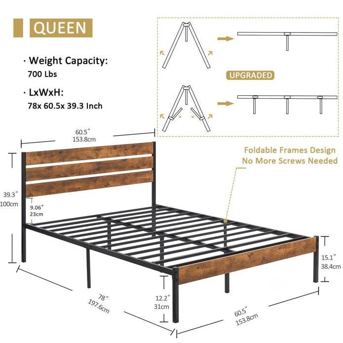 Queen Industrial Platform Bed Frame with Brown Wood Slatted Headboard Footboard - Image 5