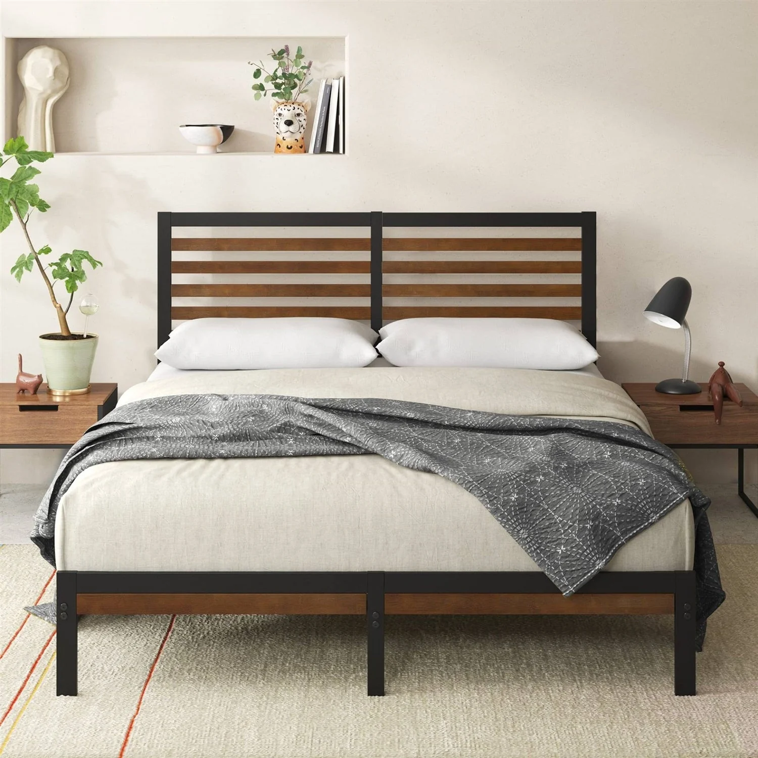 Queen Metal Platform Bed Frame with Bamboo Wood Slat Headboard and Footboard - Image 2