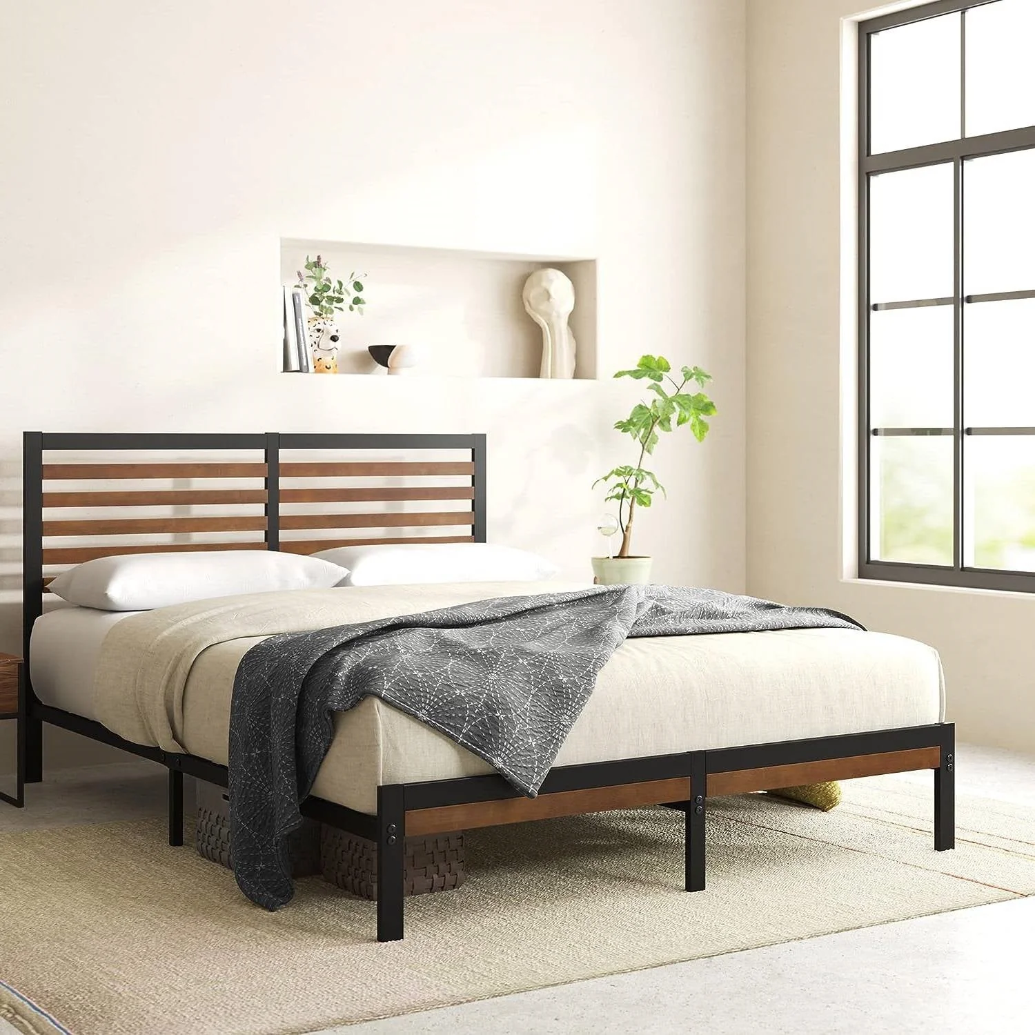 Queen Metal Platform Bed Frame with Bamboo Wood Slat Headboard and Footboard - Image 5