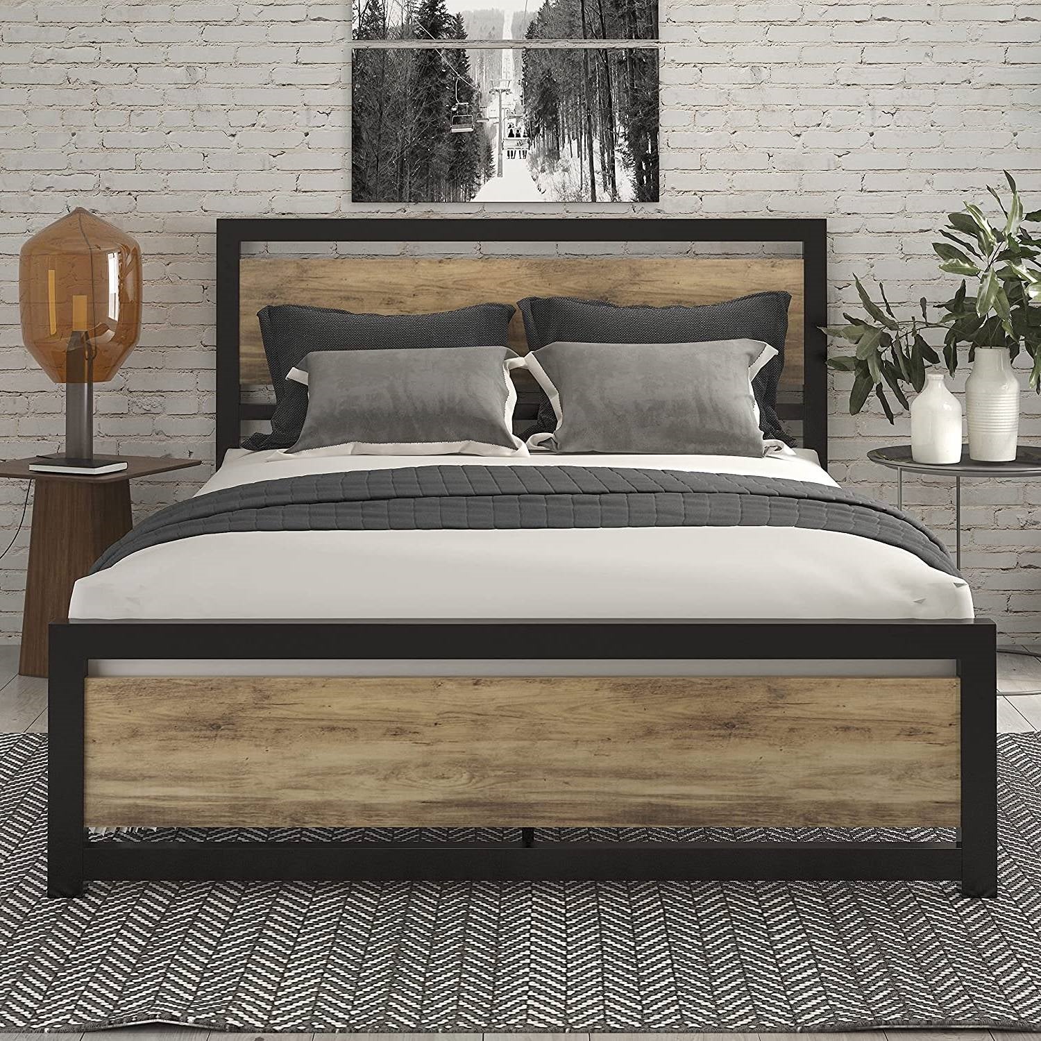 Queen Metal Platform Bed Frame with Brown Wood Panel Headboard and Footboard - Image 2