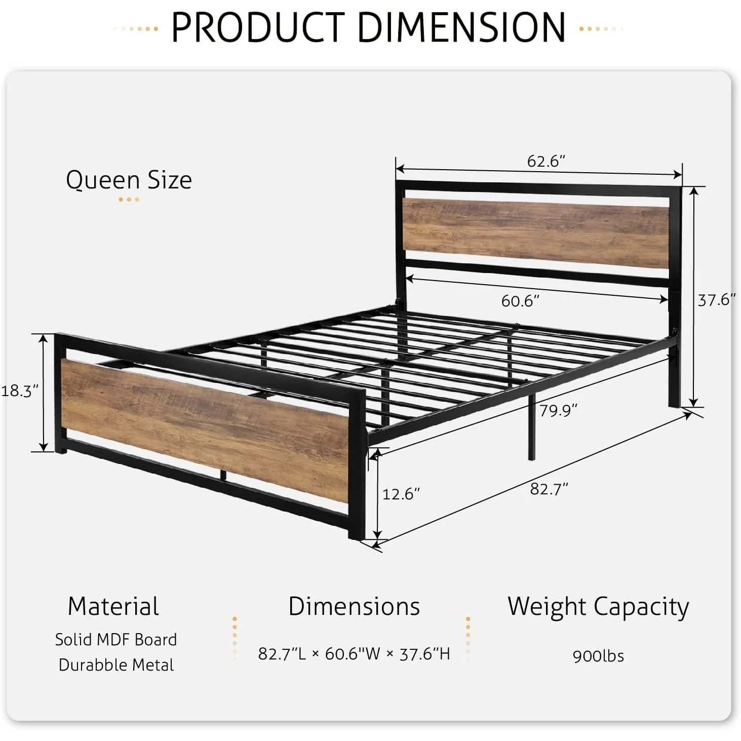 Queen Metal Platform Bed Frame with Brown Wood Panel Headboard and Footboard - Image 4