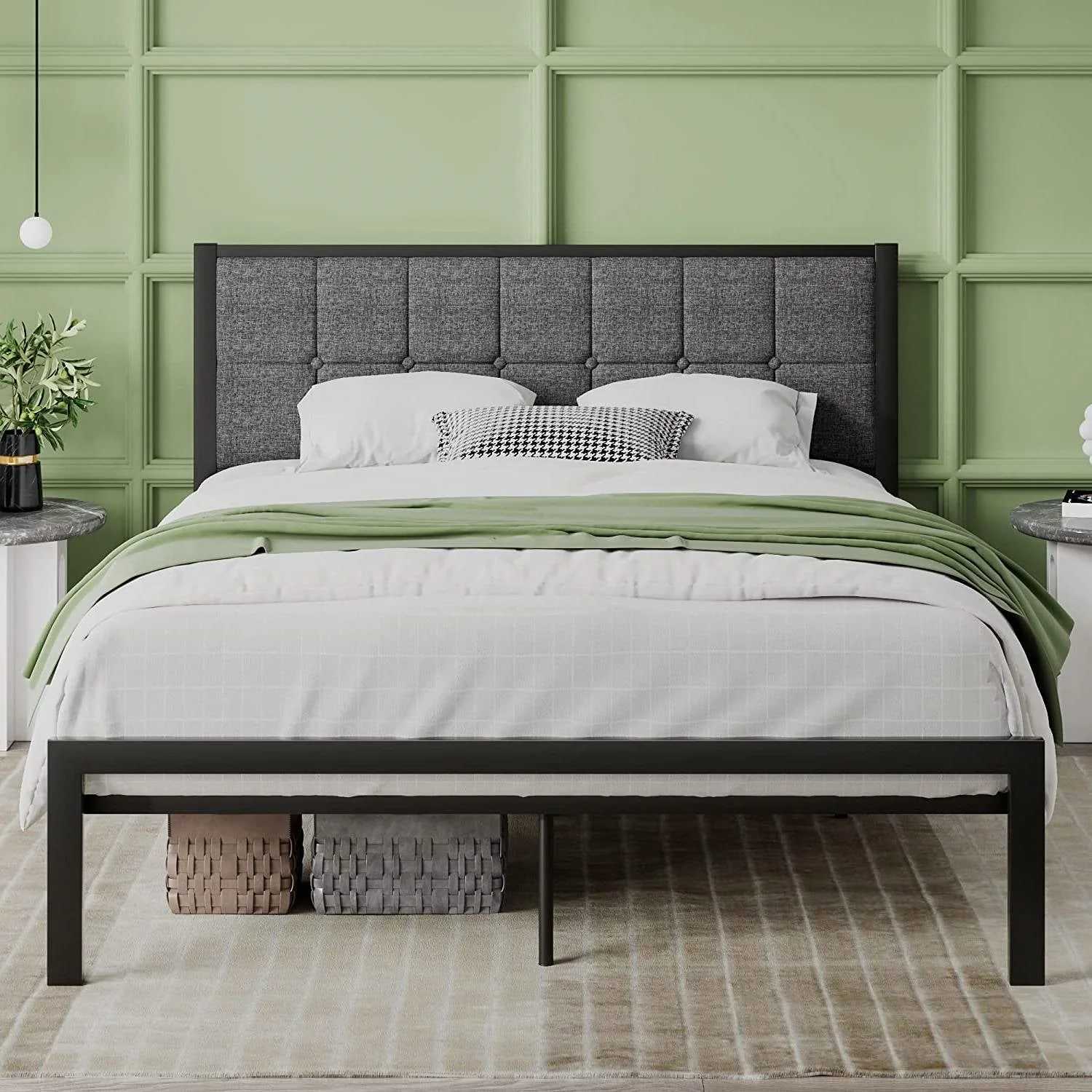 Queen Metal Platform Bed Frame with Gray Button Tufted Upholstered Headboard - Image 2