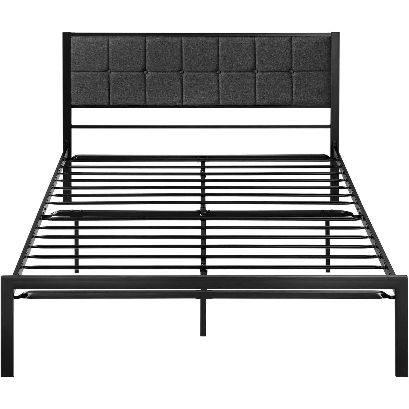Queen Metal Platform Bed Frame with Gray Button Tufted Upholstered Headboard - Image 3