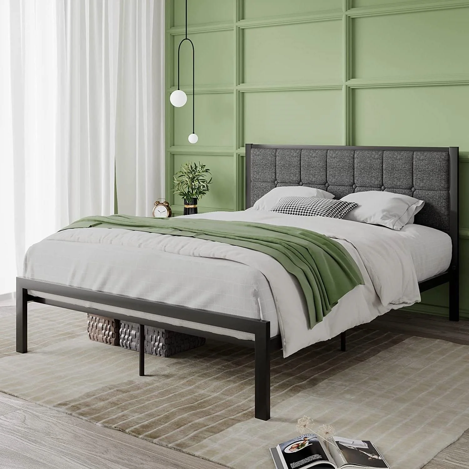 Queen Metal Platform Bed Frame with Gray Button Tufted Upholstered Headboard - Image 4