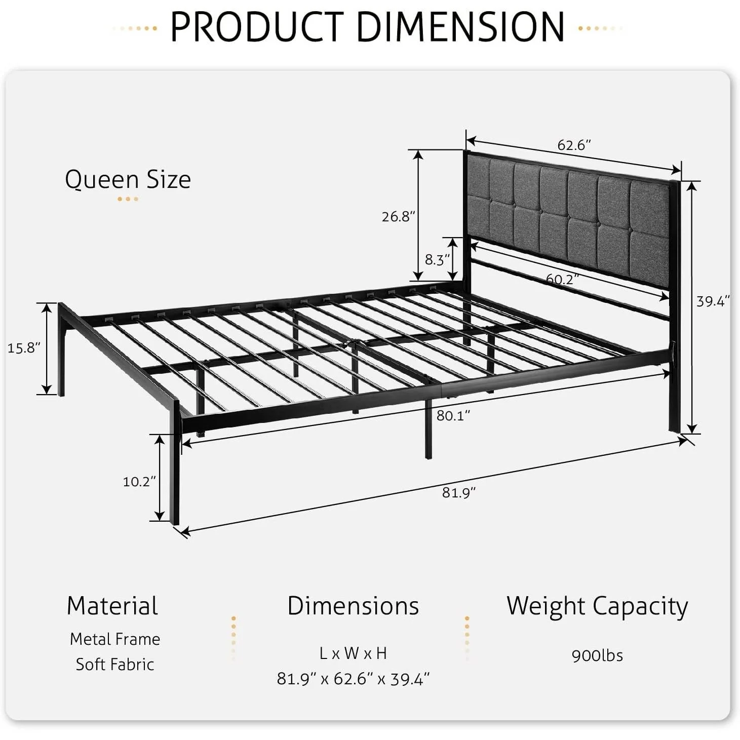 Queen Metal Platform Bed Frame with Gray Button Tufted Upholstered Headboard - Image 5
