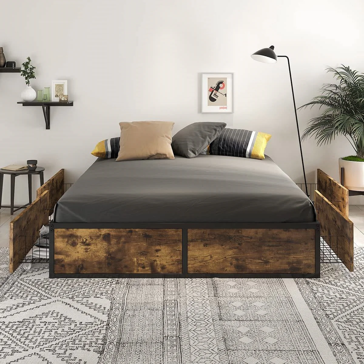 Queen Metal Wood Platform Bed Frame with 4 Storage Drawers - 800 lbs Max Weight - Image 2