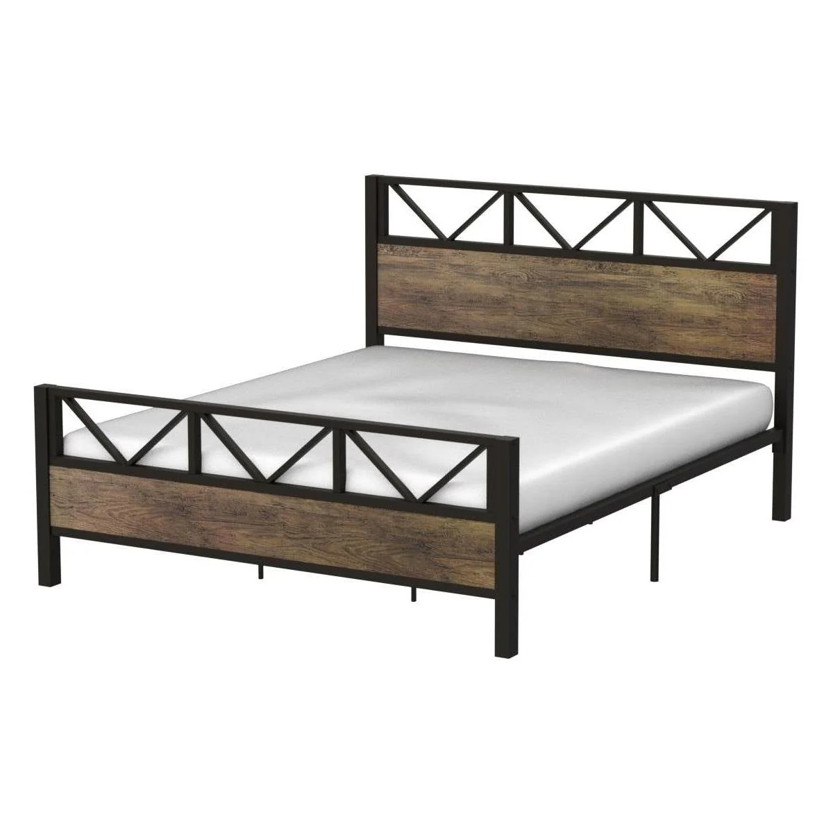 Queen Metal Wood Vintage Industrial Platform Bed Frame with Headboard Footboard - Image 2