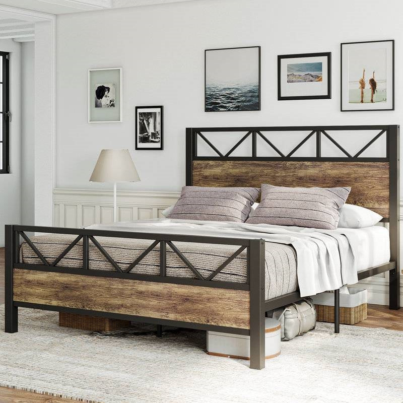 Queen Metal Wood Vintage Industrial Platform Bed Frame with Headboard Footboard - Image 3